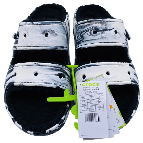 Crocs Sandals Classic Cozzzy Men's Black White Marble Tie Dye Slide Size 13 - Picture 4 of 13